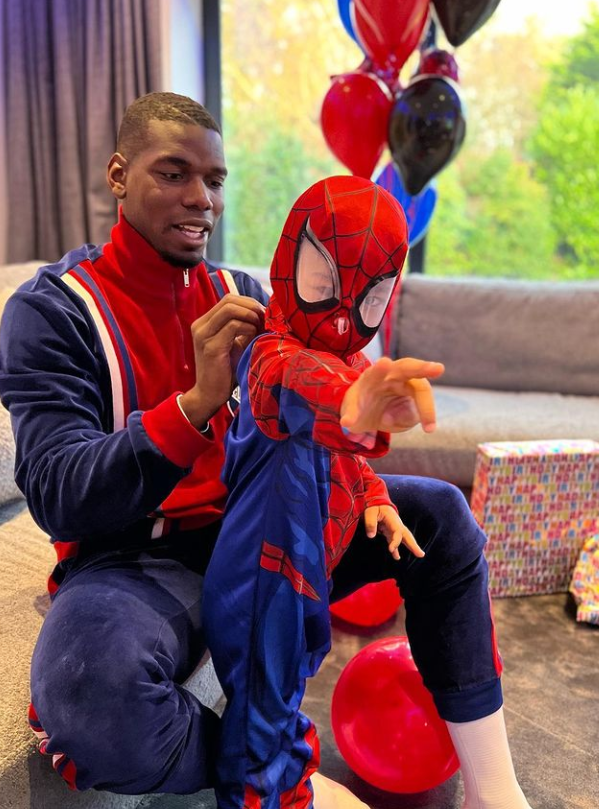Paul Pogba dressed up his son, Labile Shakur in a spiderman costume during the boy's third year birthday. 
