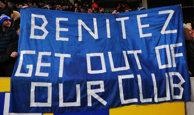 Rafael Benitez of Everton does not have a problem with the "Benitez get out of our club" banner