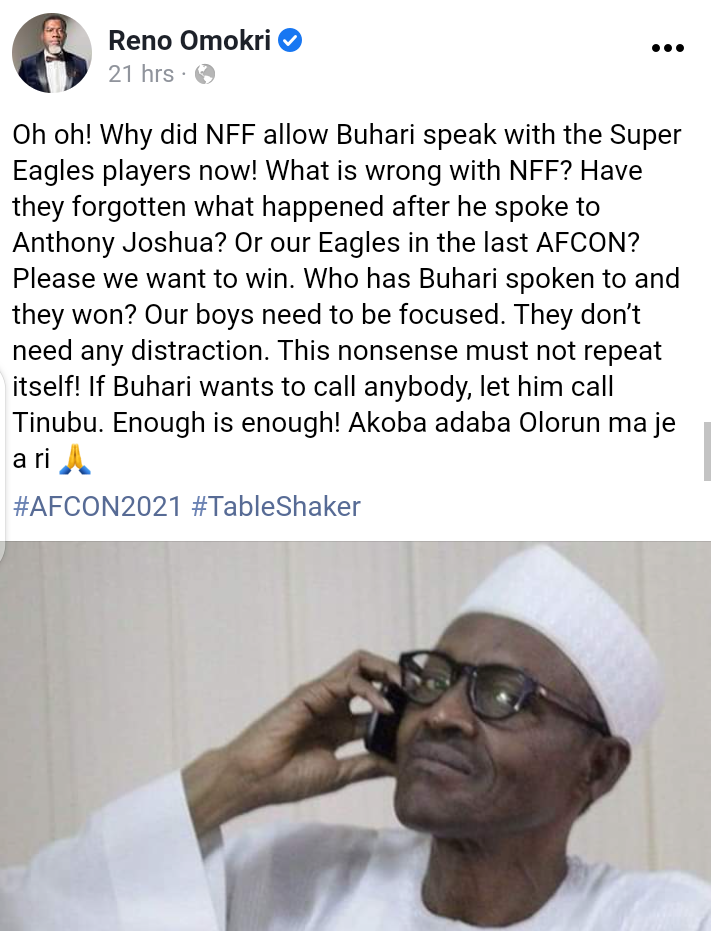Reno Omokri and Omoyele Sowore blame President Muhammadu Buhari for Super Eagles of Nigeria defeat at 2021 AFCON