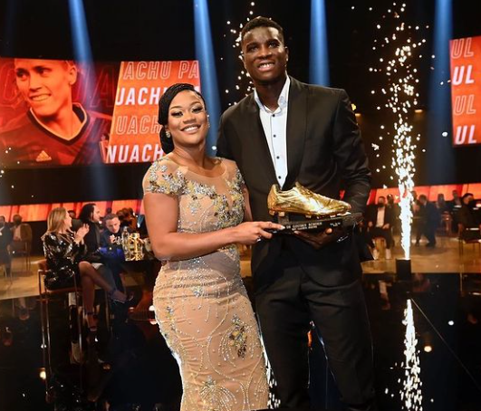 Paul Onuachu of KRC Genk and his fiancee Tracy Acheampong at the Belgian football award in January 2022. 