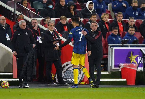 Cristiano Ronaldo walking off to the bench in anger after coach Ralf Rangnick subbed him on Wednesday. 