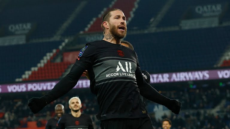 Sergio Ramos celebrate after scoring his first goal for PSG. 