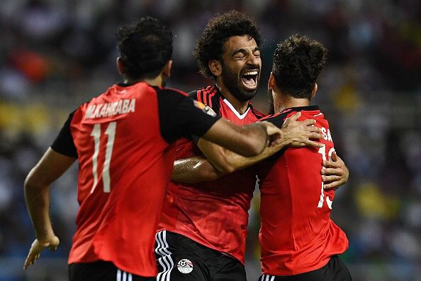 Mohamed Salah celebrates with his Egyptian teammates in the ongoing 2021 AFCON. 