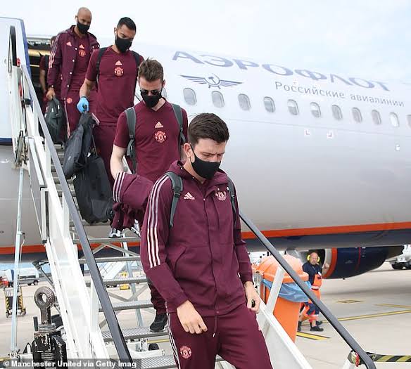 File photo of Manchester United players alighting from a plane that belongs to Aeroflot. 