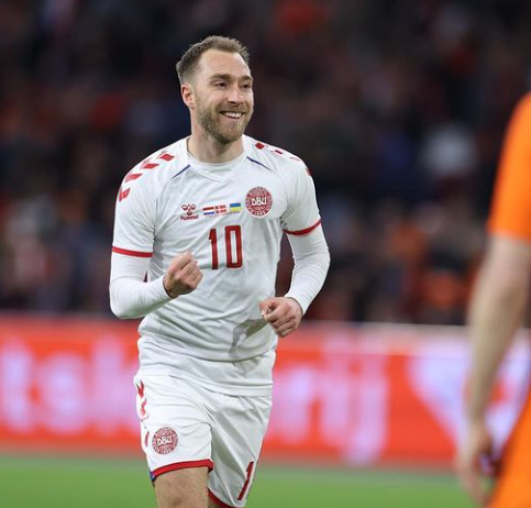 Christian Eriksen of Denmark celebrates his goal against Netherlands. 