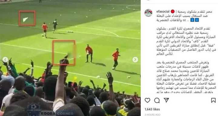 A scene showing Senegalese fans throwing objects at Egyptian players. 