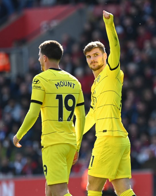 Timo Werner hails the fans after scoring against Southampton on Saturday. 