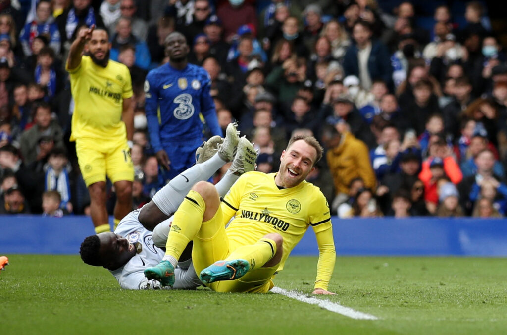 Christian Eriksen laughed after scoring against Edouard Mendy of Chelsea on Saturday, April 2, 2022. 