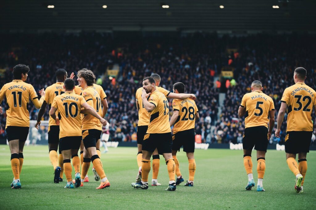 Wolves players celebrate their victory over Aston Villa. 