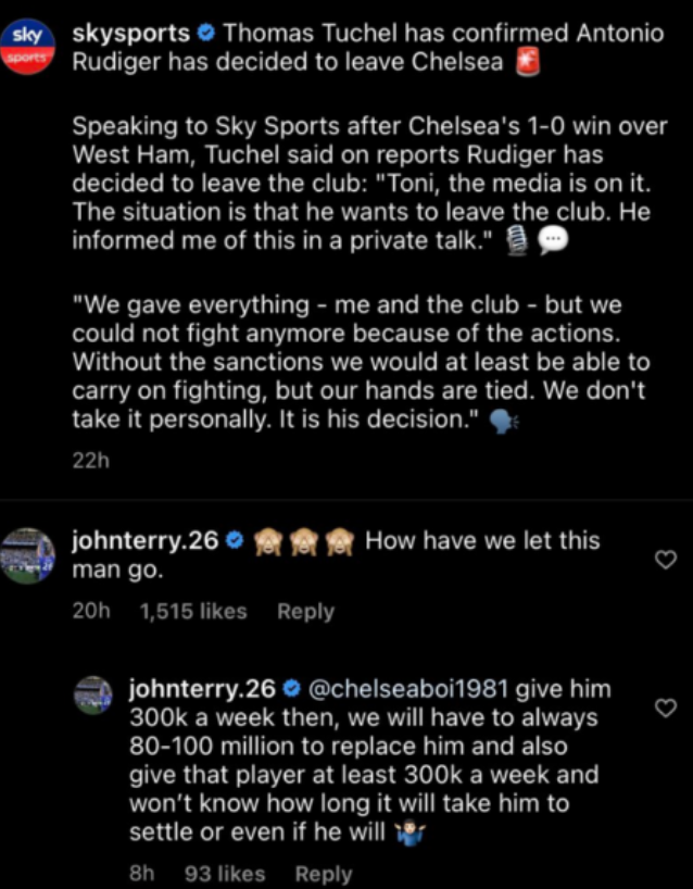John Terry gives reasons why Chelsea shouldn't have allowed Antonio Rudiger to leave