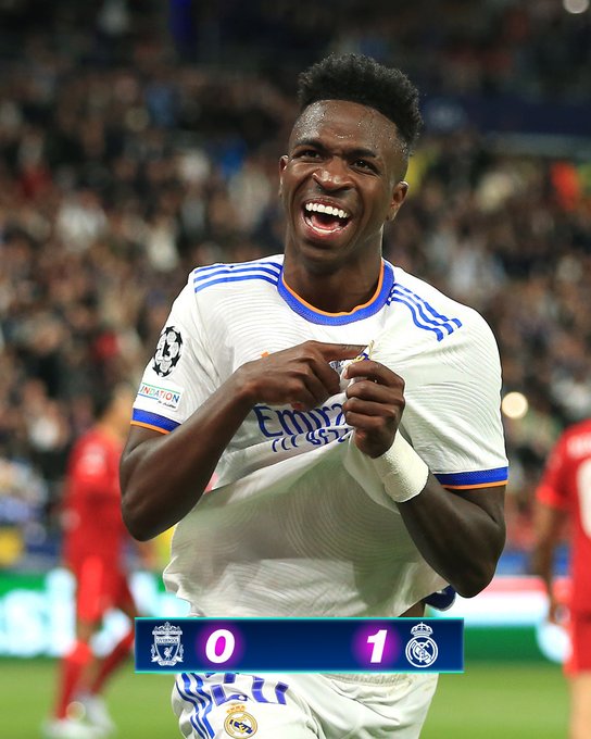 Vinícius Junior celebrate is 2022 UEFA Champions League final winning goal against Liverpool on May 28, 2022.