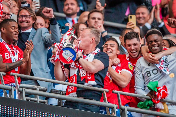 Steve Cooper, Nottingham Forest coach, lift the 2022 Championship play-offs cup. 