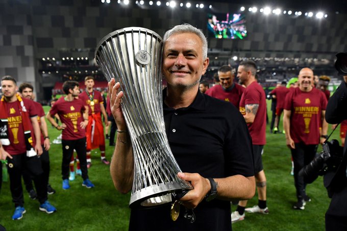 Jose Mourinho with the Europa Conference League title.