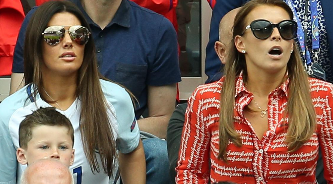 Rebekah Vardy and Coleen Rooney watching a football game during the 2018 FIFA World Cup. 