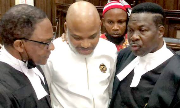 Nnamdi Kanu and his team of lawyers at the Federal High Court in Abuja on May 18, 2022.