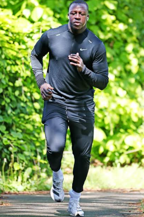Benjamin Mendy was pictured jogging with an electronic tag on his left ankle after he was released on bail earlier in the year. 