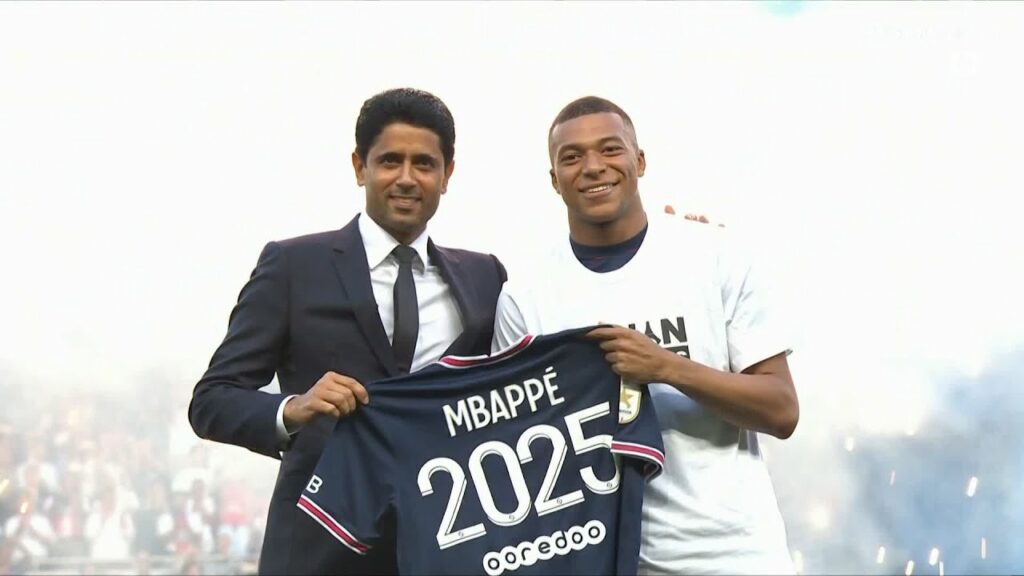 PSG chairman and CEO Al-Khelaifi and Kylian Mbappe during his unveiling on Saturday, May 21.