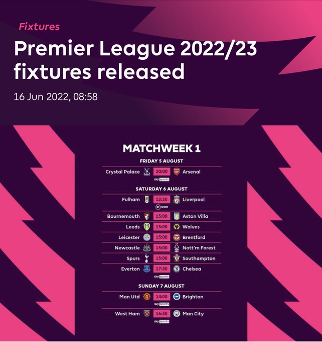 2022/23 English Premier League Fixtures in full