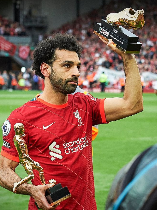 Mohamed Salah flaunting his Premier League golden boot and playmaker of the season award. 