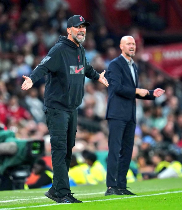 Coach Jurgen Klopp of Liverpool and coach Erik ten Hag of Manchester United during the league clash on Monday, August 22.