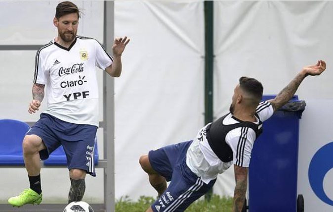 Nicolas Otamendi tackled Lionel Messi during training at the camp of Argentina's national team. 