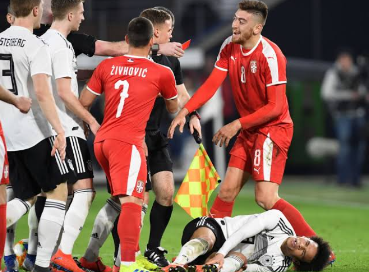 Milan Pavkov fouled on  Leroy Sané of Germany which earned him a red card.