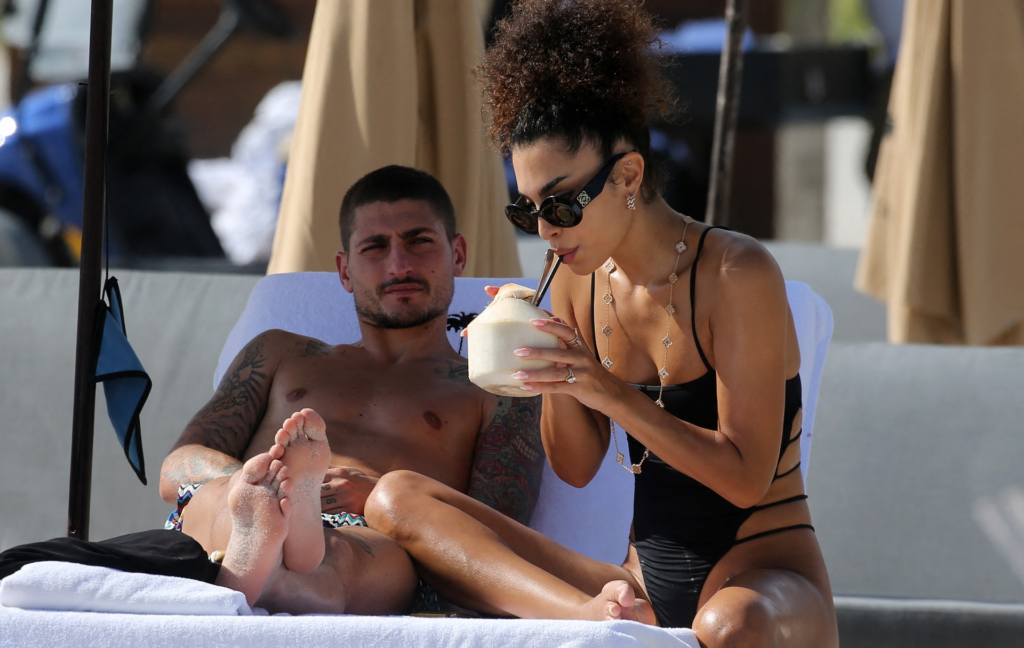 Marco Verratti unwinds on a Miami beach with his model wife Jessica after World Cup heartbreak