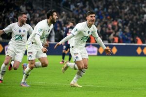 Marseille players celebrating against Paris Saint Germain 