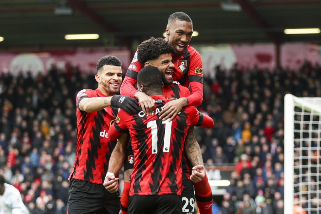 AFC Bournemouth celebrating their goal in the first half against Liverpool