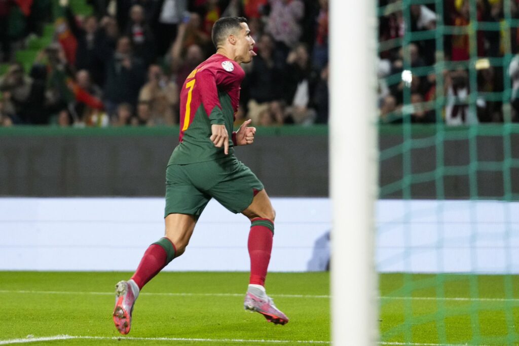 Cristiano Ronaldo celebrating one of his goals against Liechtenstein