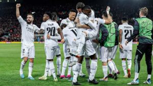 Real Madrid players in celebratory mood in the first leg of this game in the UEFA Champions League