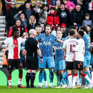 Tottenham Hotspur players protesting to the referee after he made the call for a penalty to Southampton