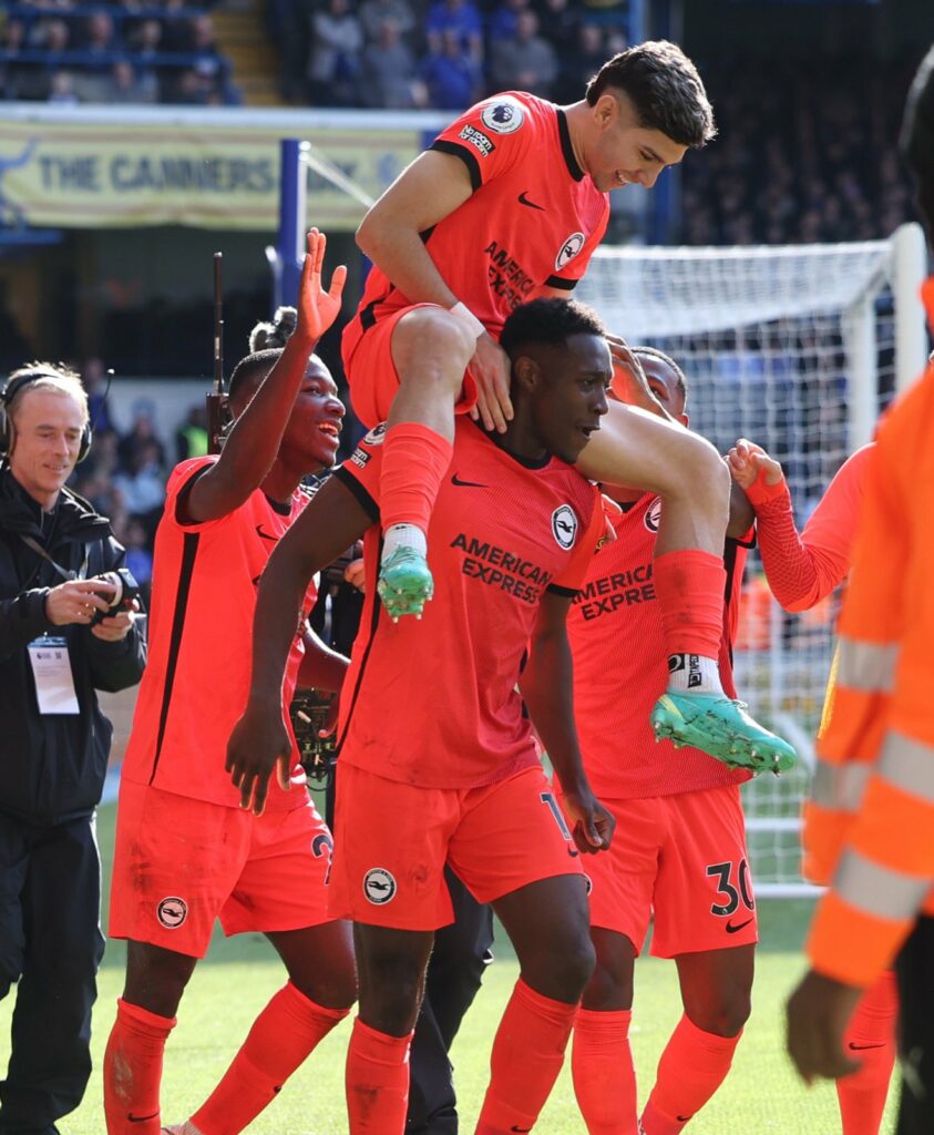 Brighton and Hove Albion players celebrating against Chelsea