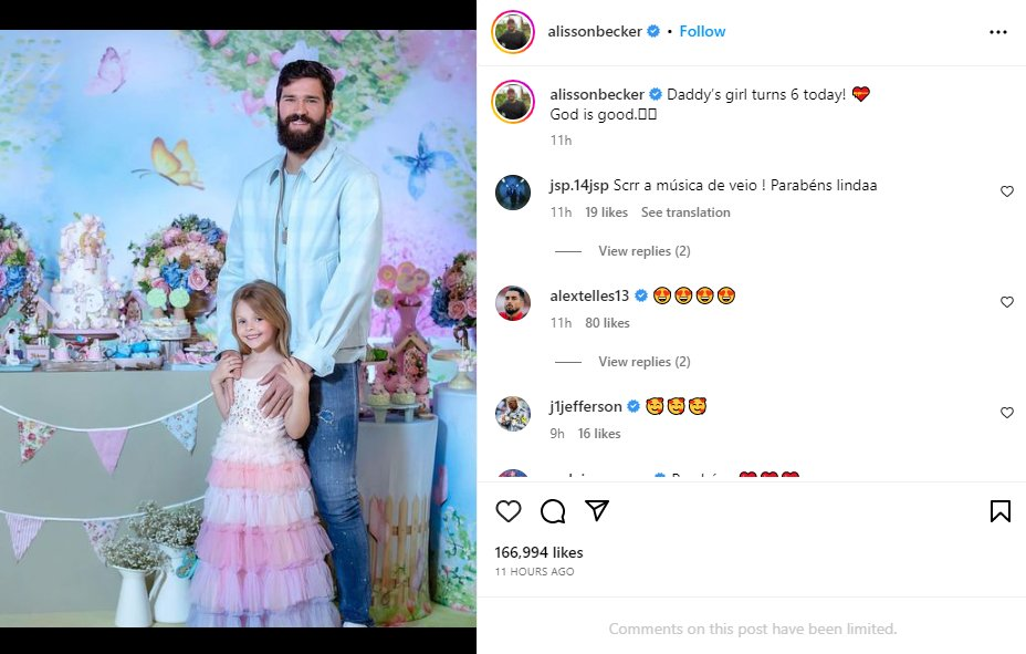 Alisson Becker Celebrates His Daughter Helena Who Turned 6 Years