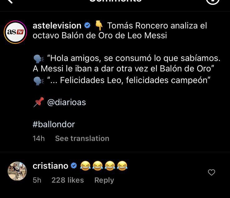 Cristiano Ronaldo Reacts To Lionel Messi Winning His 8th Ballon D'Or